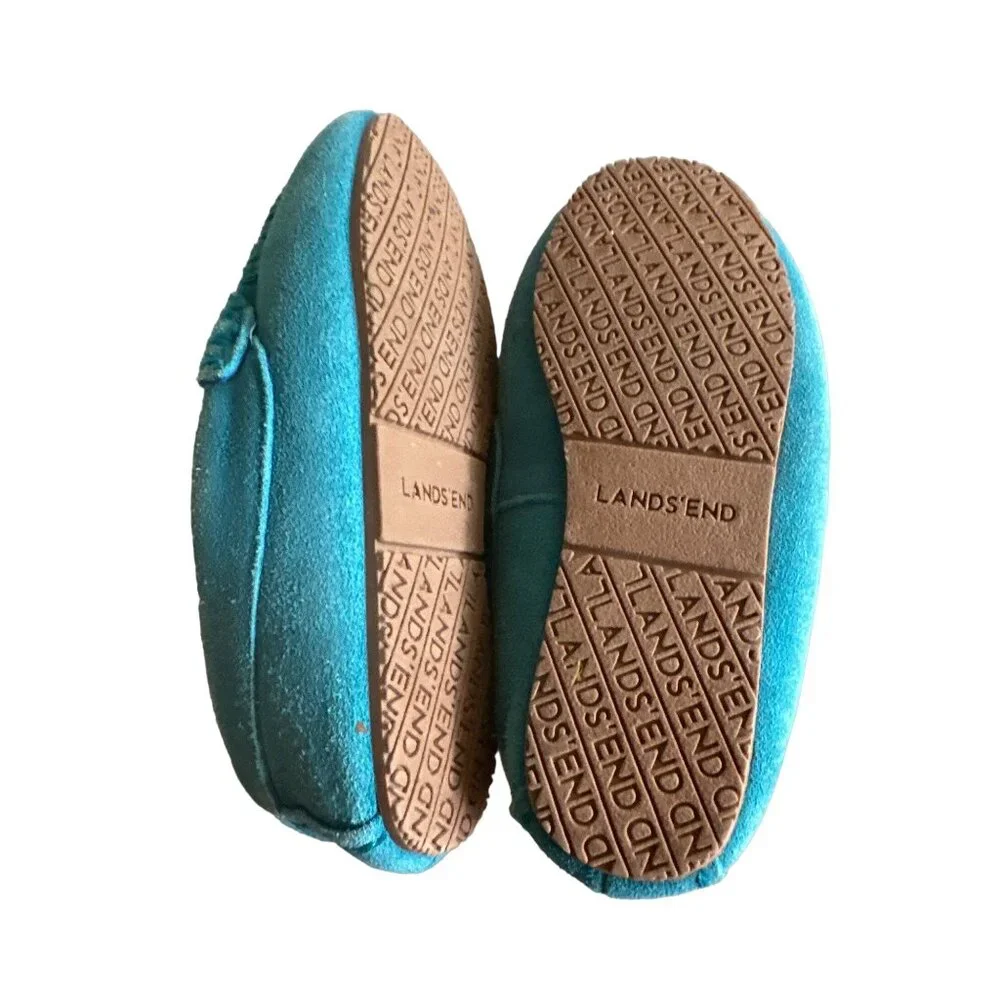 Lands‎ End Kids Youth Blue Teal Suede Fleece Lined Slippers Non Slip Size 13
